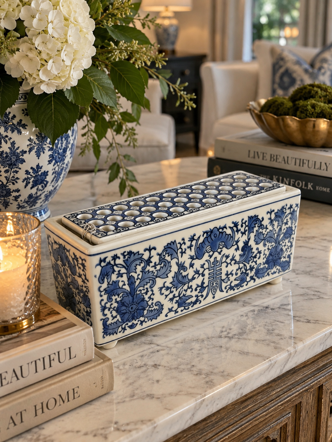 Blue and White Flower Arranger