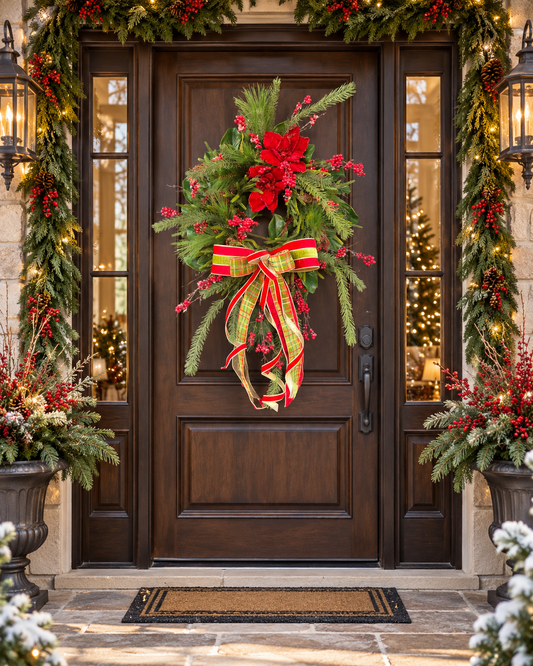 Classic Christmas Poinsettia & Plaid Wreath 🎄