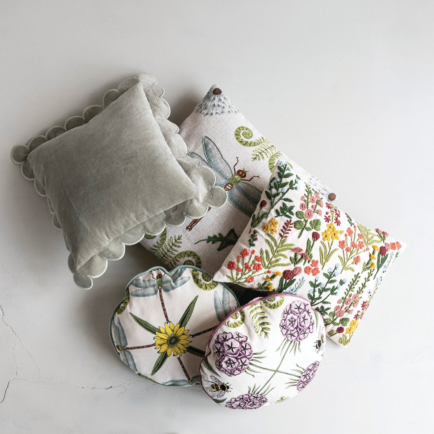 Round Cotton & Linen Pillow with Botanicals Embroidery & Piping,
