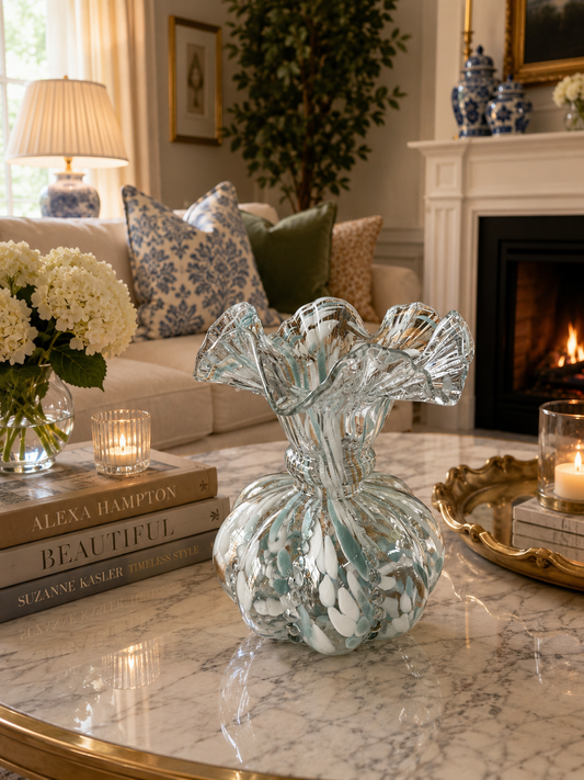 Clear with blue and white accents  Ruffled Vase
