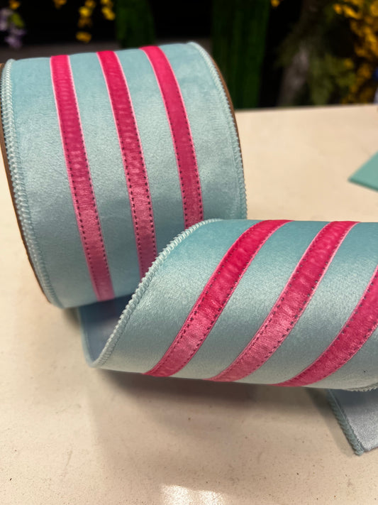 Blue with Pink Trim Velvet Wired Edge Ribbon