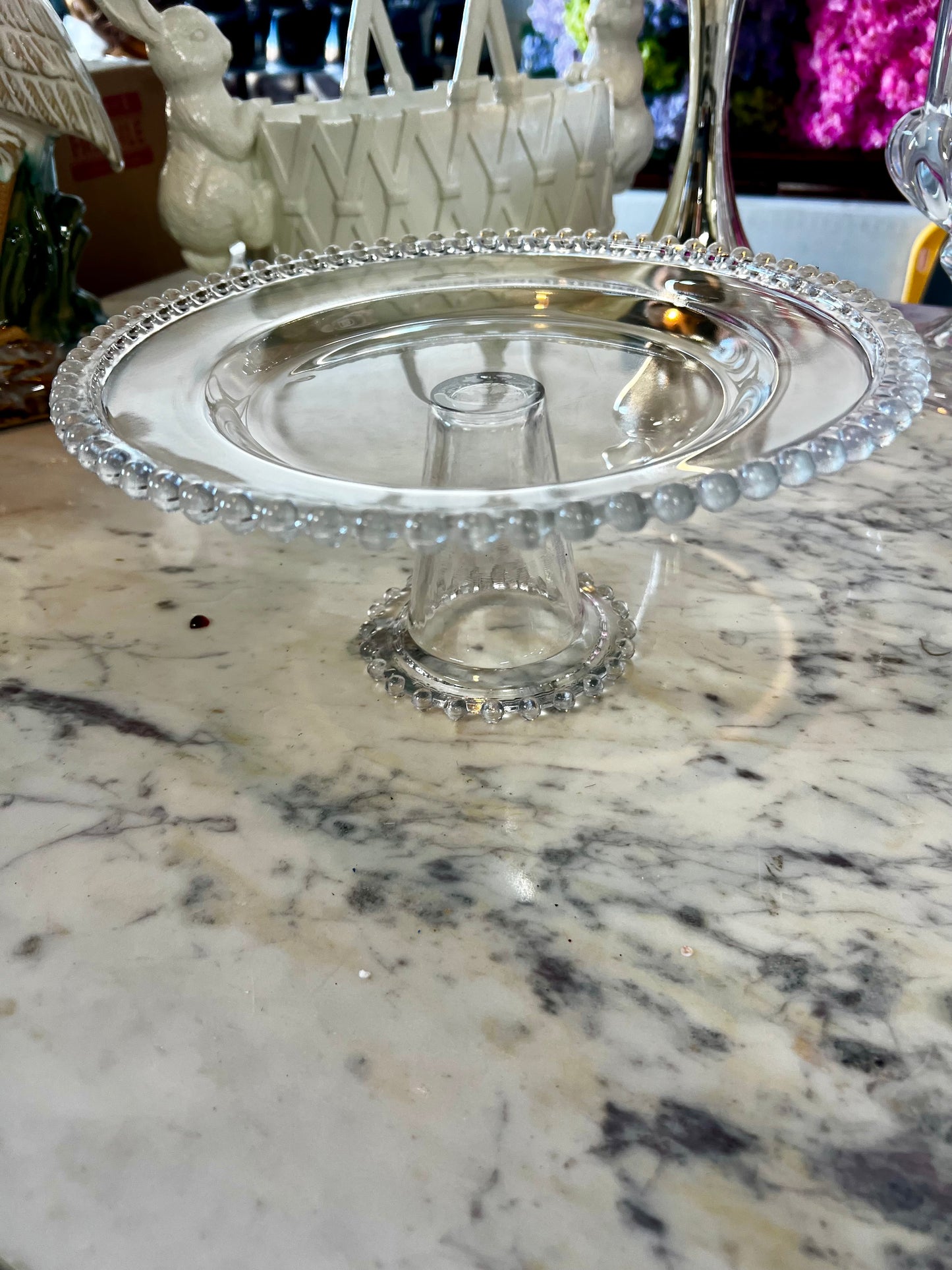 Beaded glass cake stand 12.5 inch diameter