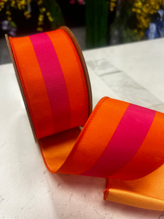 Orange with pink stripe wired edge ribbon