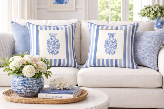 Set of 2 Blue and White Pillow (vase)