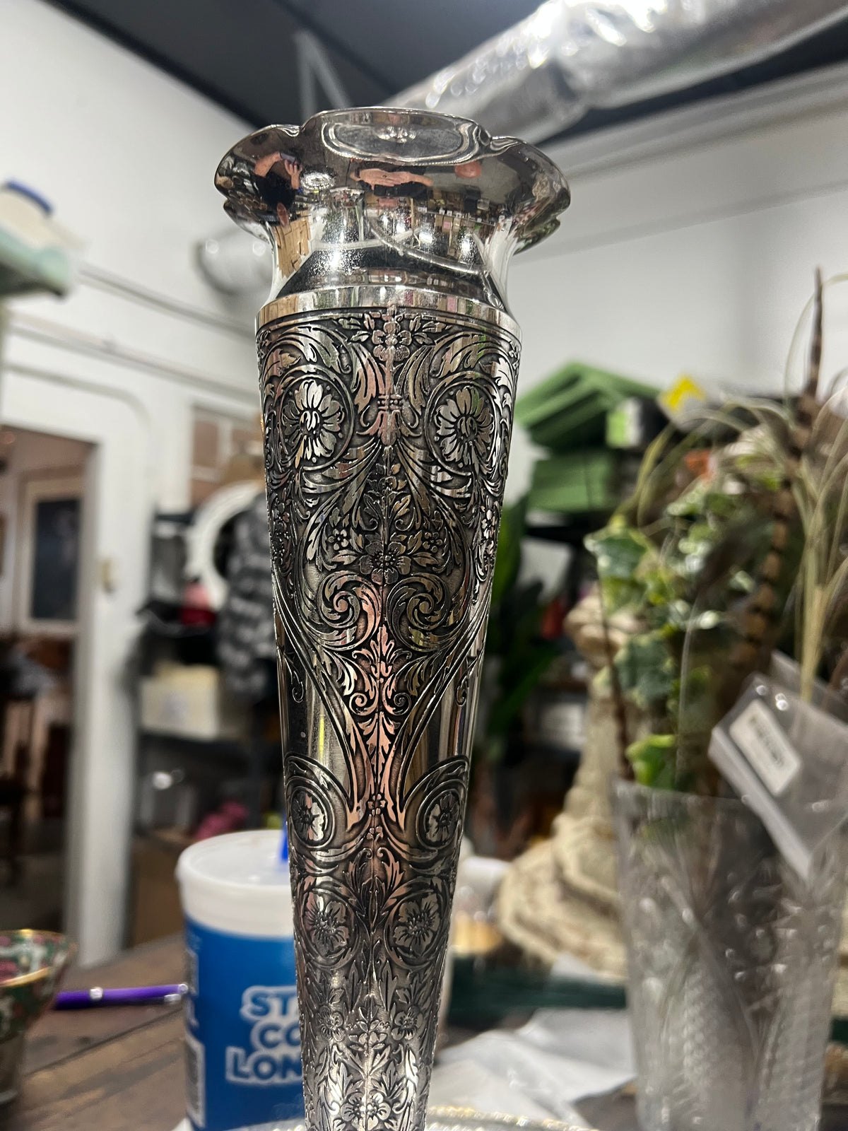 Beautiful Vintage embroidered silver plated trumpet vase
