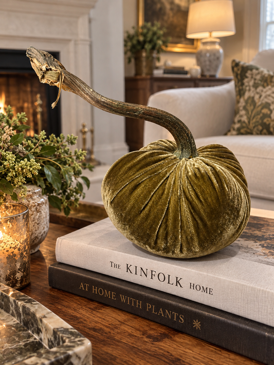 5in DIA Olive Green Velvet Bean Weighted Pumpkin with Real Pumpkin Stalk (each stalk will very in size and shape)