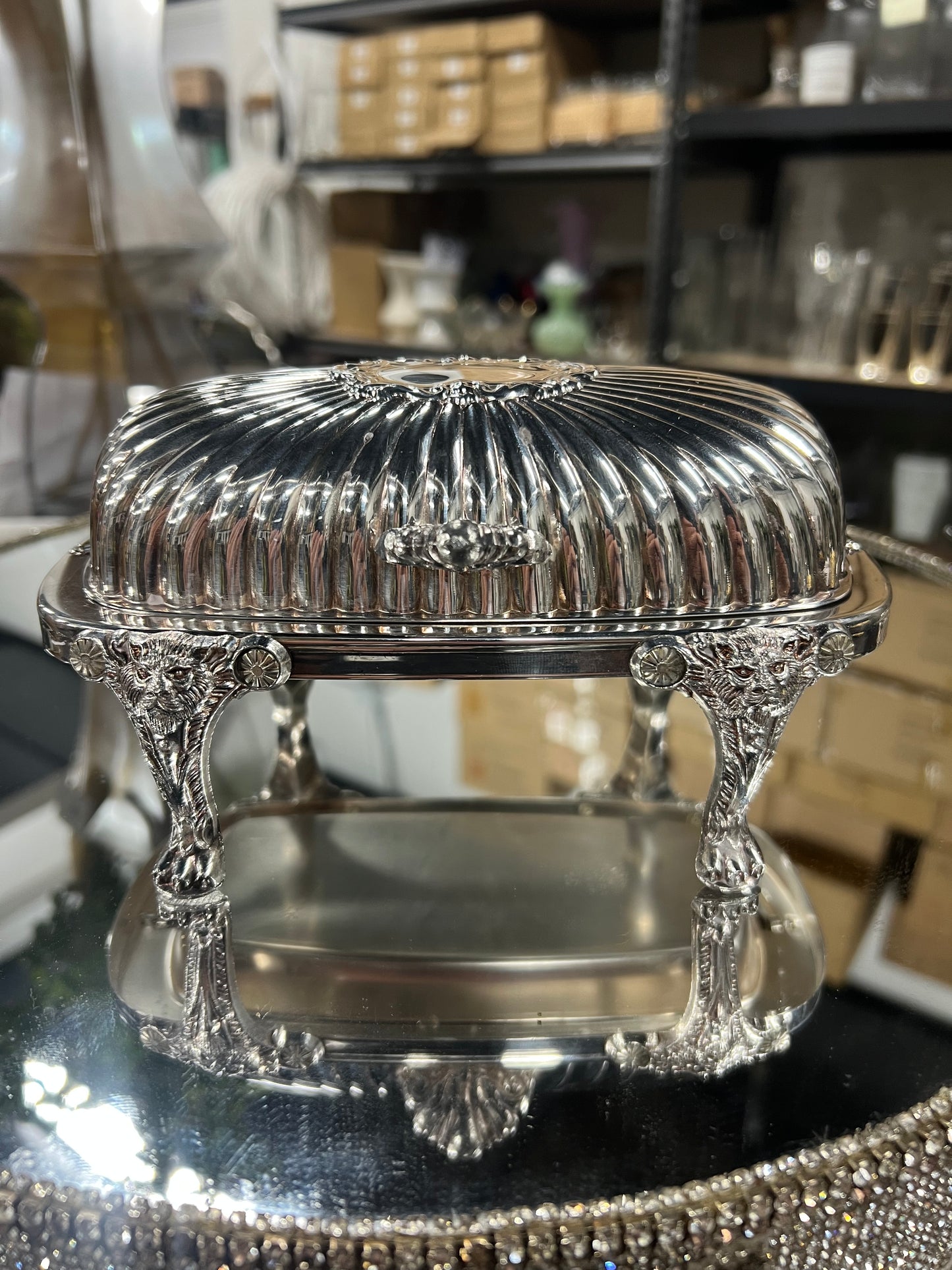 Vintage Silver Plated, Roll-Top Butter Dish with Lions Feet