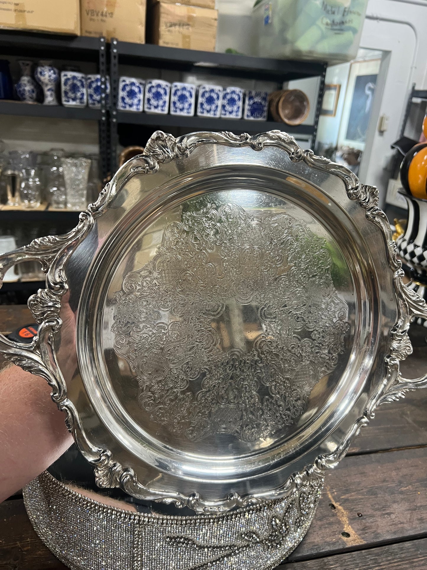 Vintage Heavy Silver Plated Platter with handles and feet