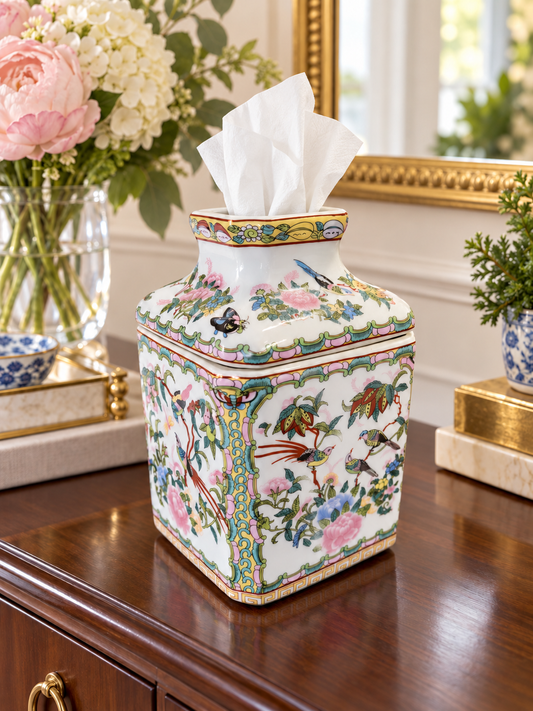 Rose Medallion Square Porcelain Tissue Holder