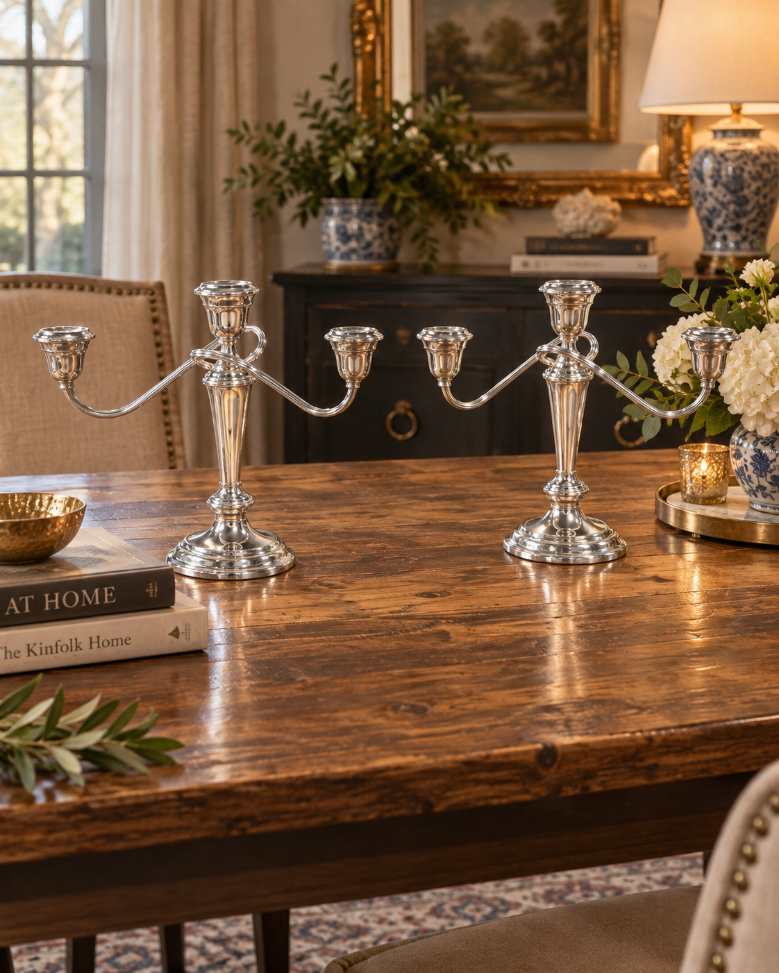 Set of 2 Vintage Gorham Silver-plate Three-Light Candelabras