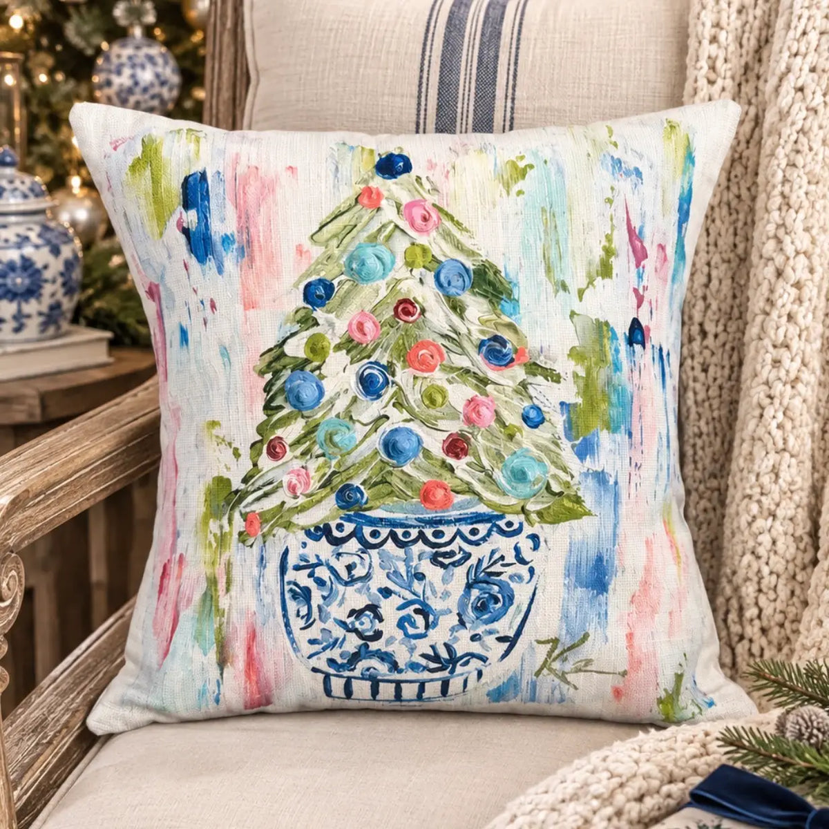 Chinoiserie Pot Christmas Tree Pillow