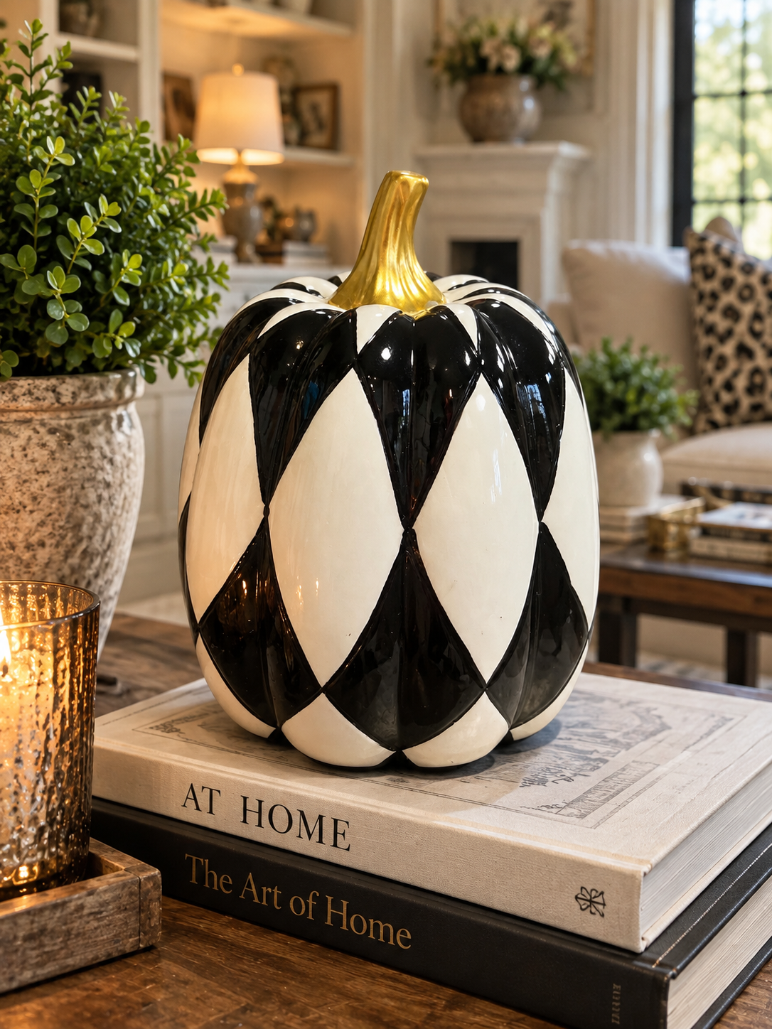 10” Black and white ceramic pumpkin with gold stem