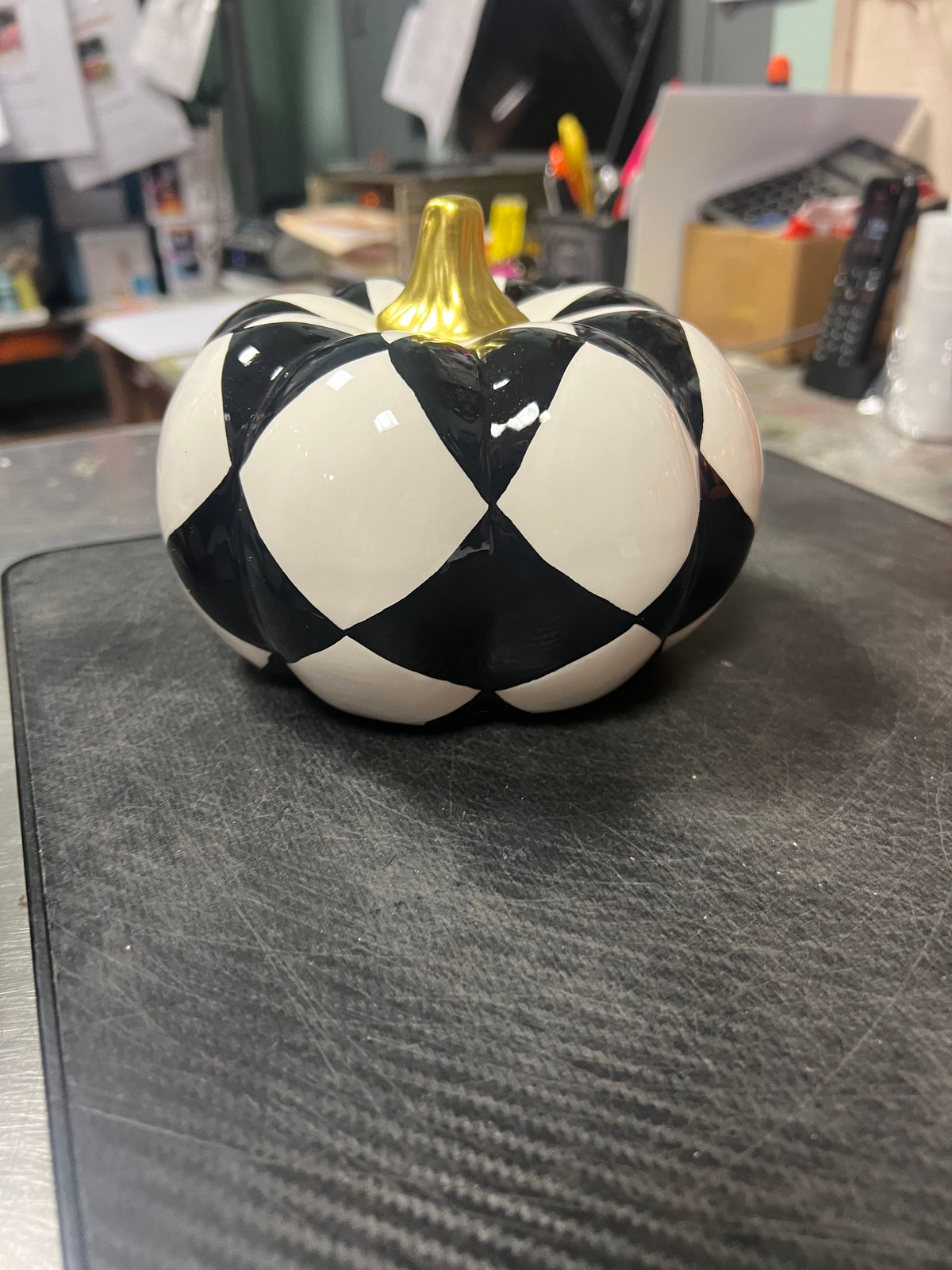 4.75” Black & White Ceramic Pumpkin with Gold Stem