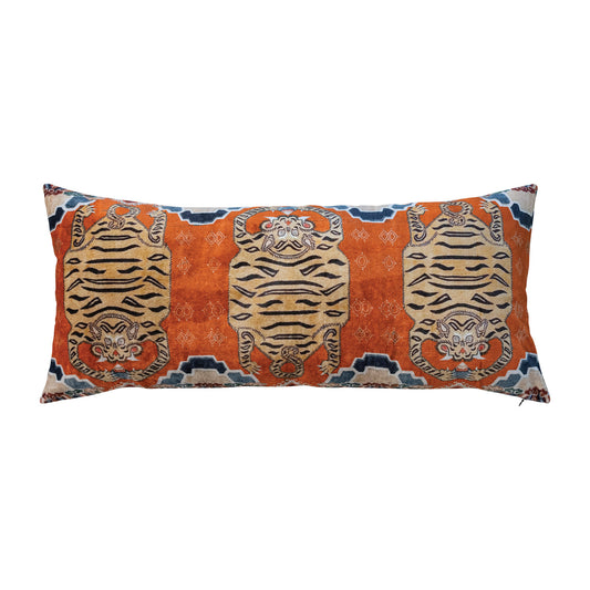 32"L x 14"H Cotton Velvet Printed Lumbar Pillow with Tigers