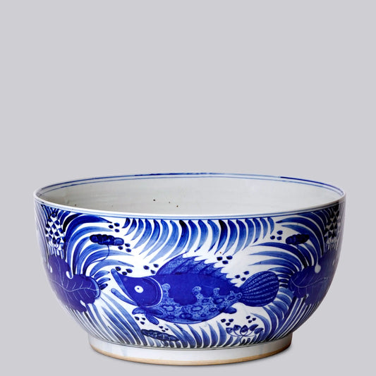 Blue and White Porcelain Fish and Lotus Large Bowl