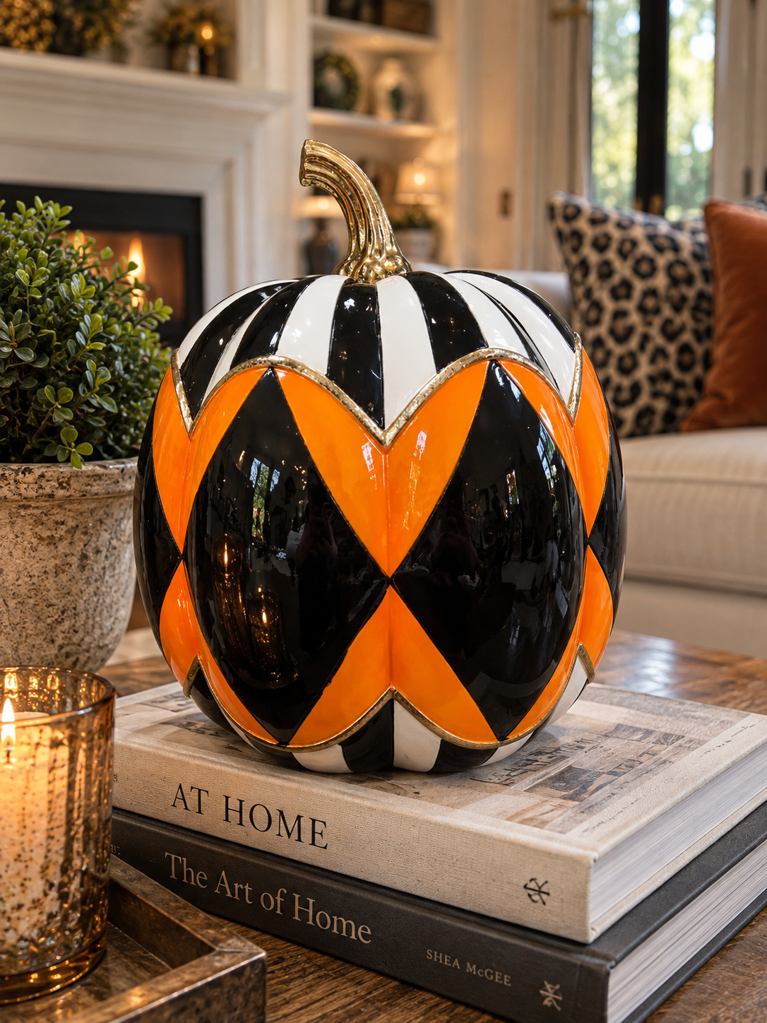 12.5 in Black & White Striped with Orange & Black Check Resin Pumpkin