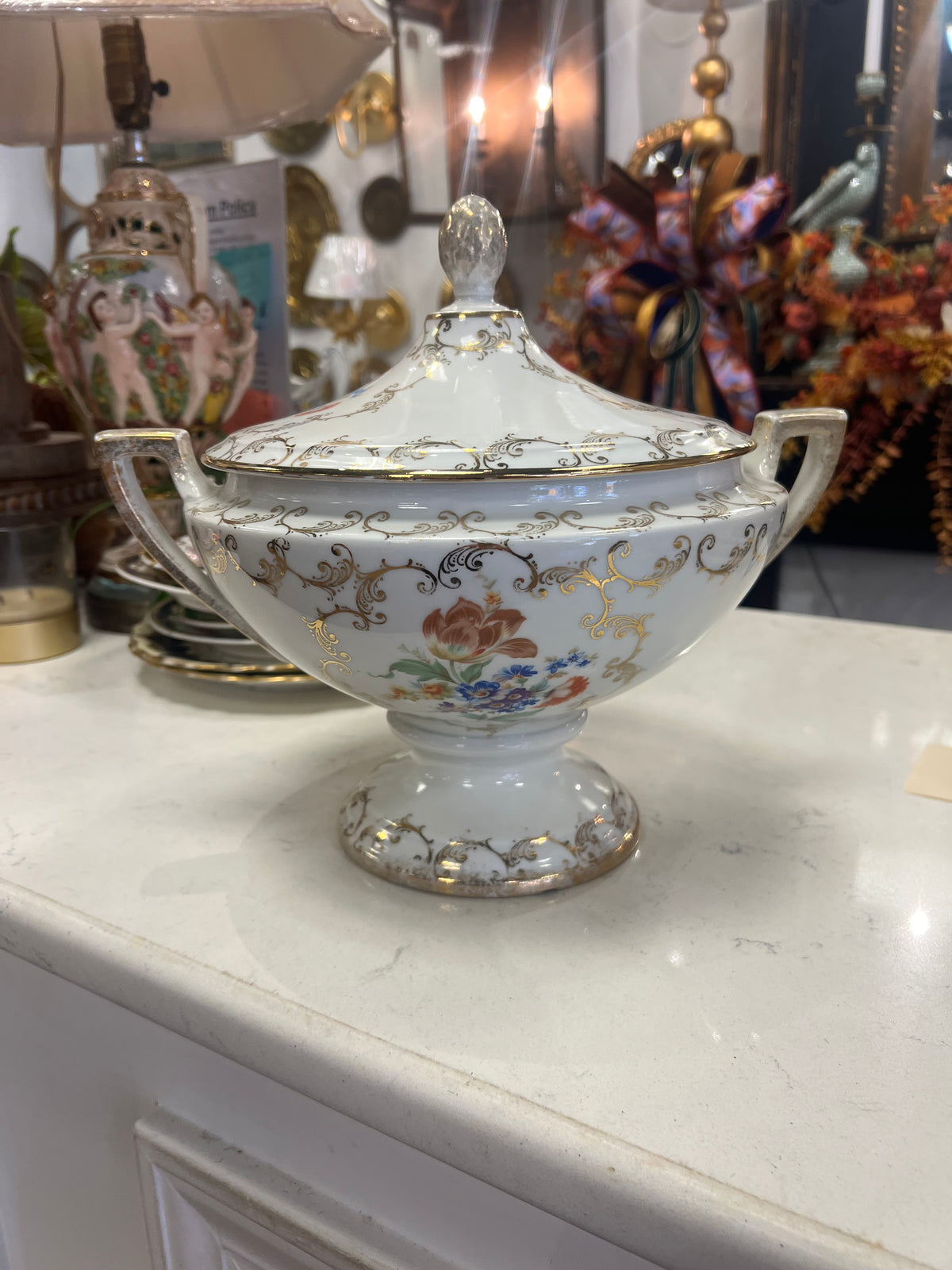 Vintage Lidded Floral Pedestal Bowl