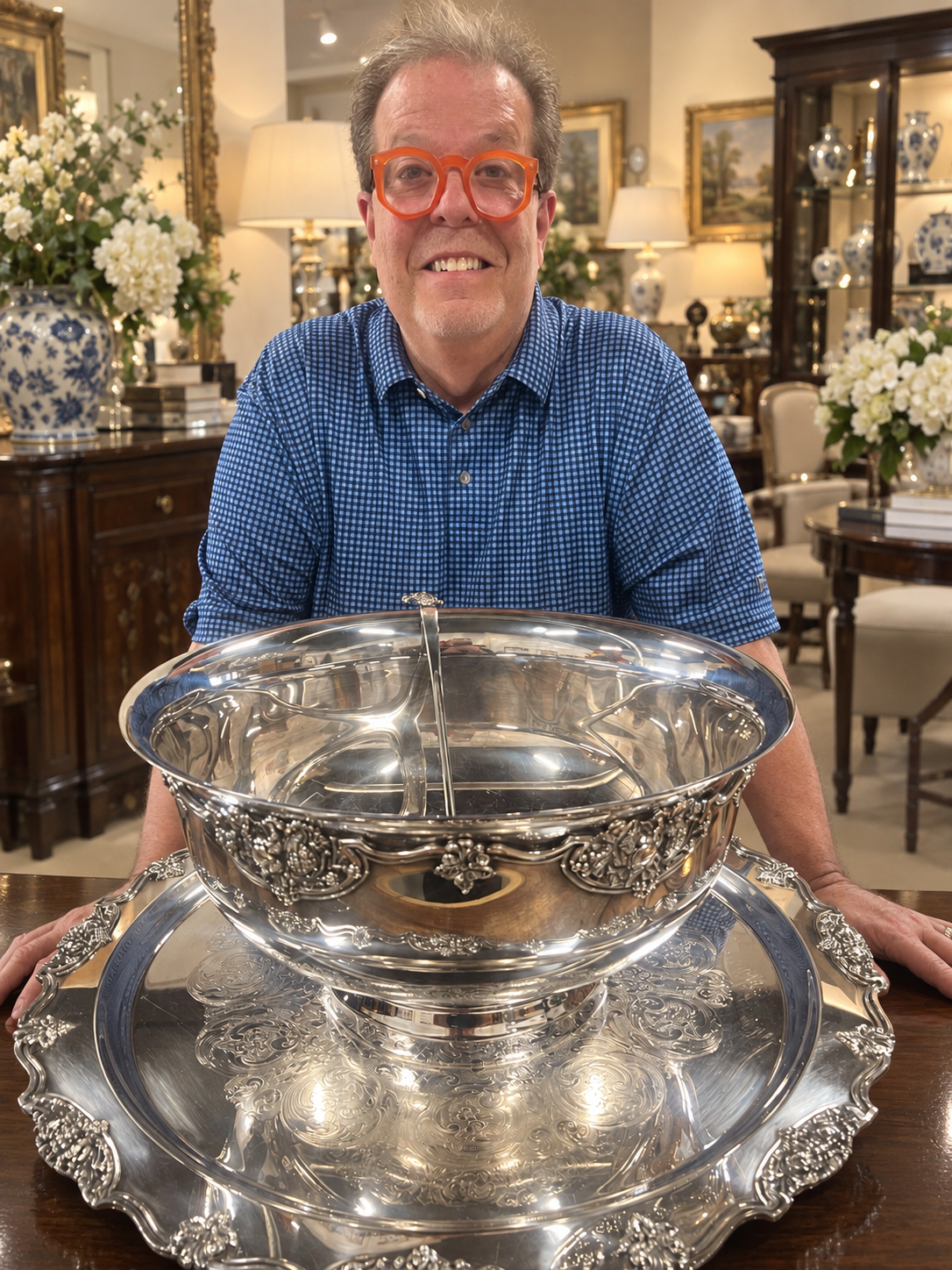 Vintage Silver-Plated Punchbowl with tray and ladle