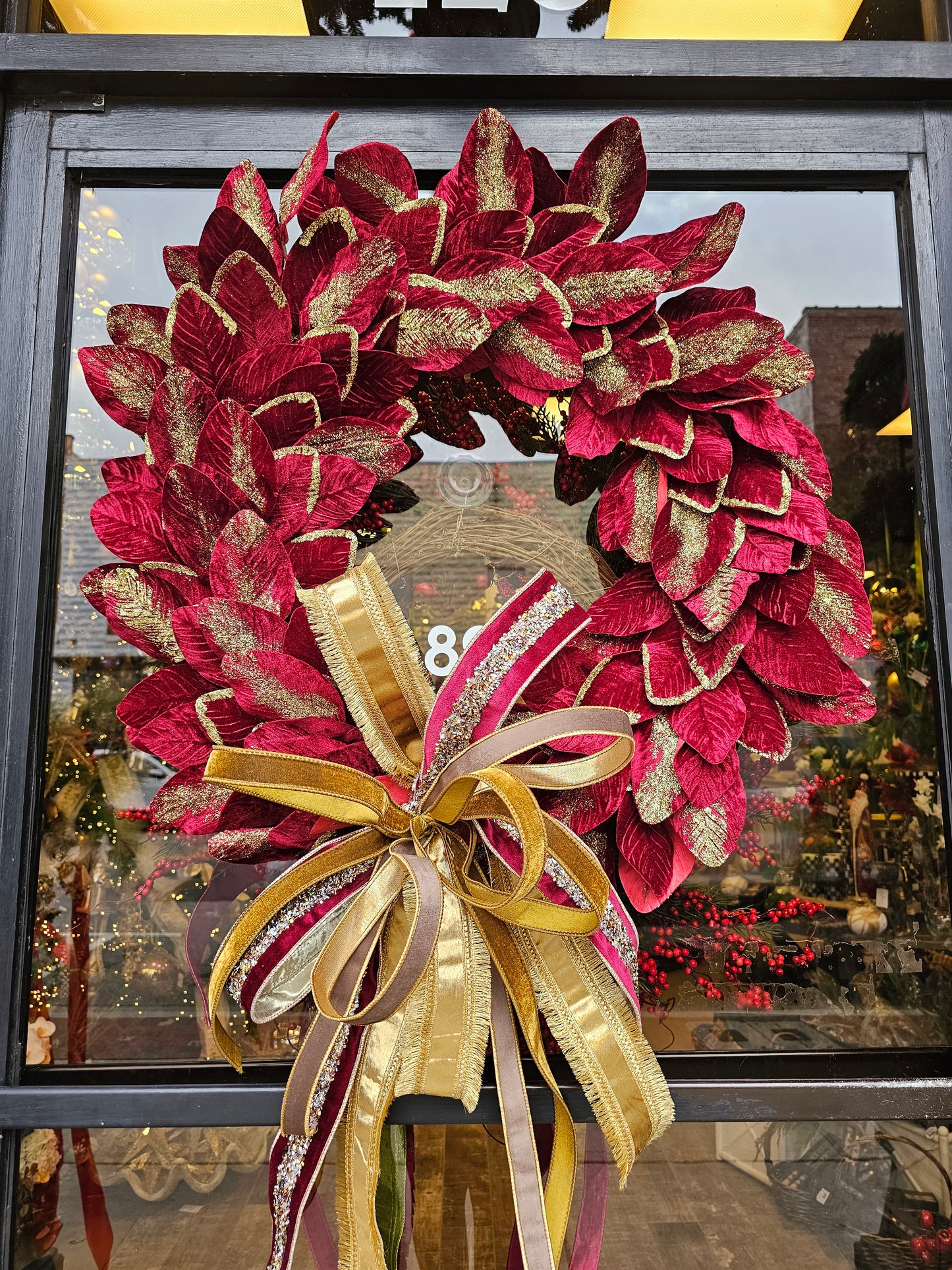 Burgundy/Gold Magnolia Wreath with Neiman Marcus Inspired Bow