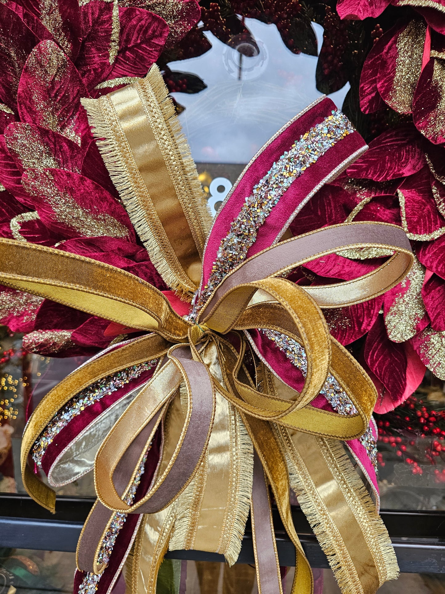 Burgundy/Gold Magnolia Wreath with Neiman Marcus Inspired Bow