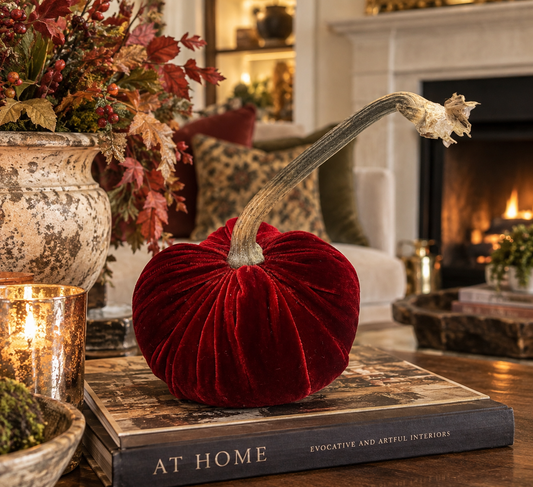 5 in DIA Crimson Velvet Bean Weighted Pumpkin with Real Pumpkin Stalk (each stalk will very in size and shape)