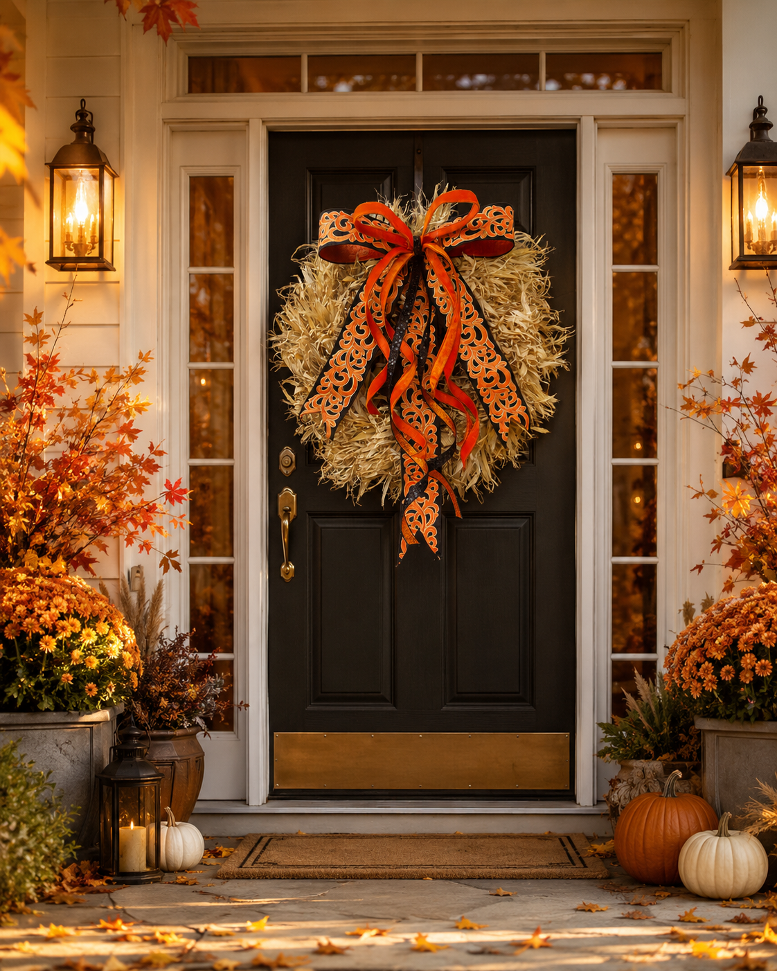 Orange & Black Tie Harvest Wreath
