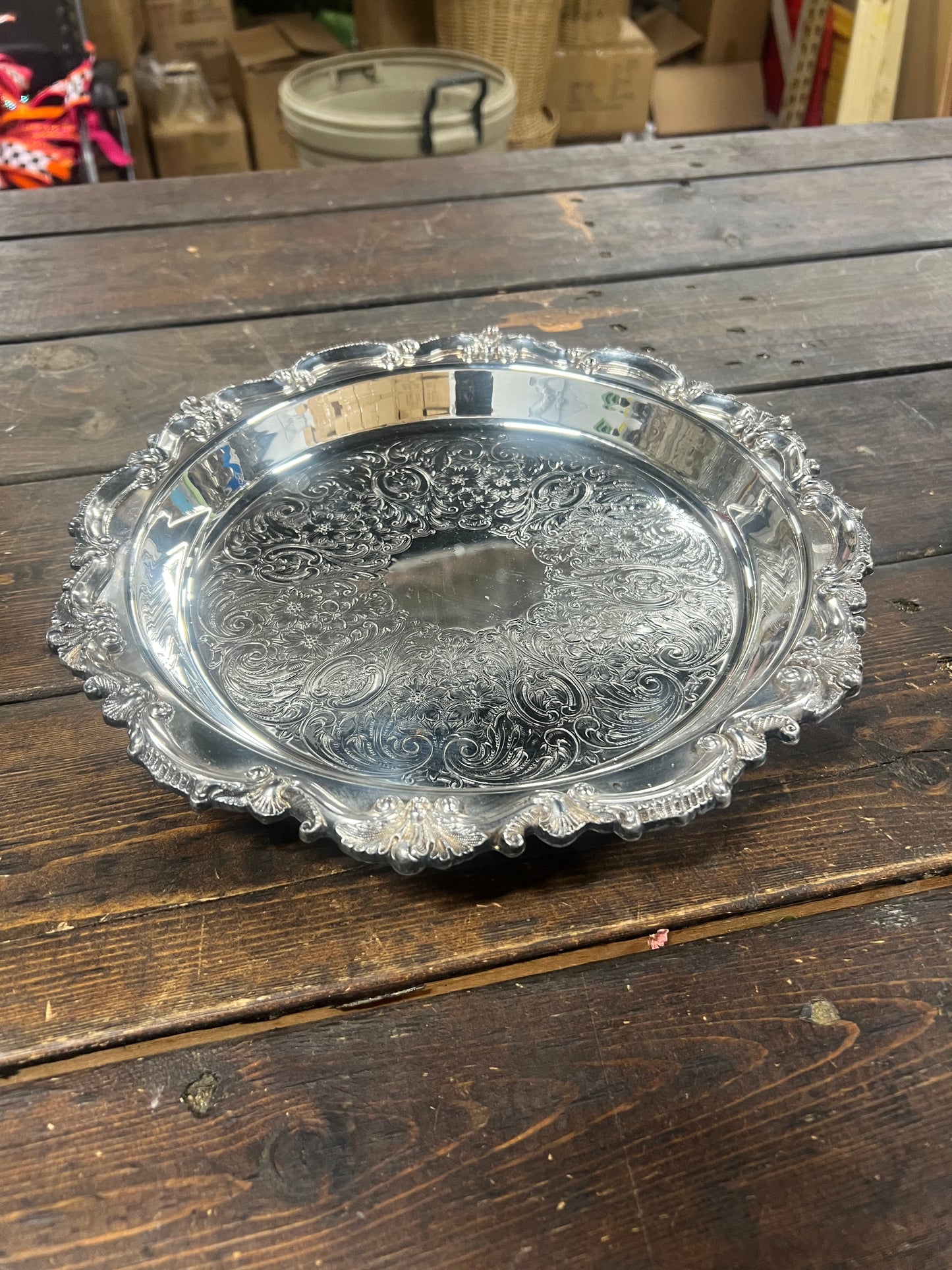 12” Vintage Silver-Plated Deep-Welled  tray with Feet.