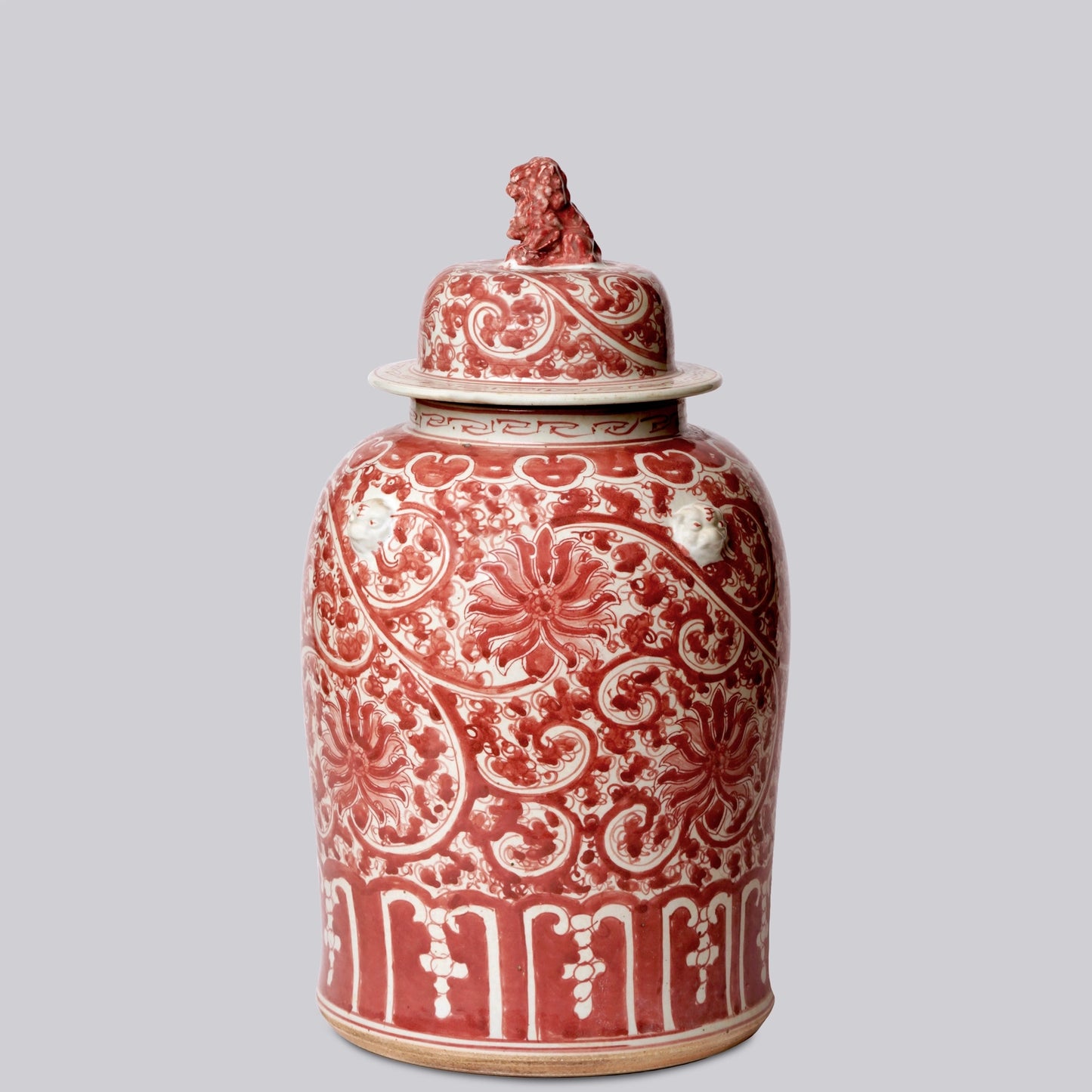 Red and White Porcelain Scrolling Lotus Temple Jar