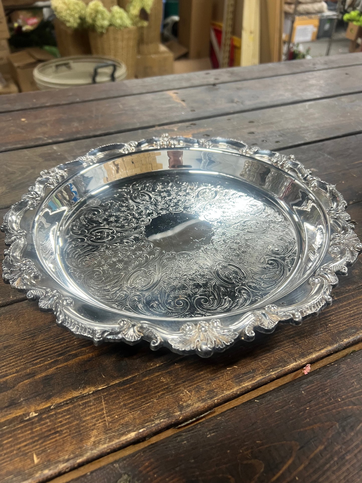 12” Vintage Silver-Plated Deep-Welled  tray with Feet.