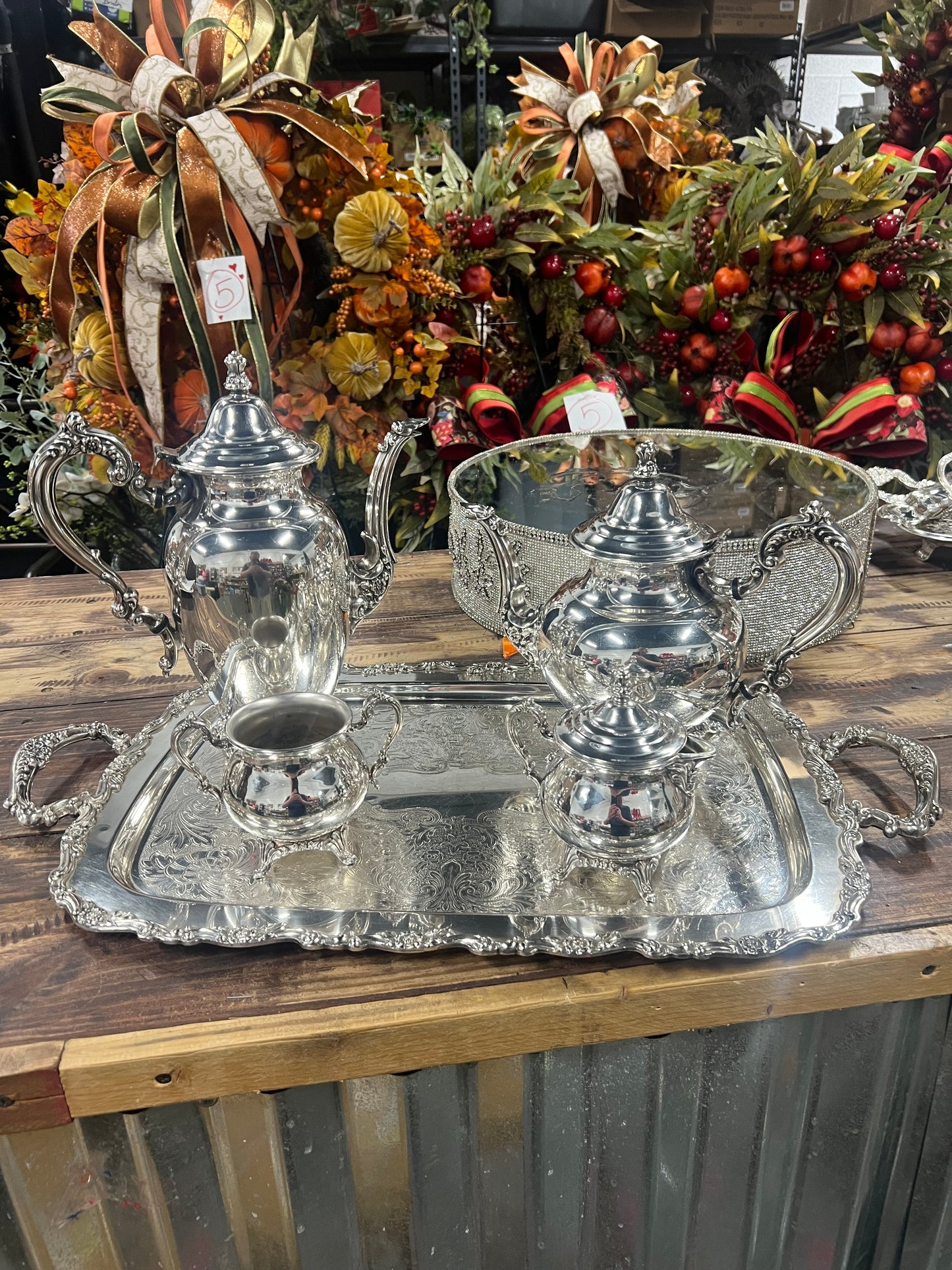 5 Piece Vintage Silver-Plated Tea Set (#5) (Lid is Detached as Pictured)
