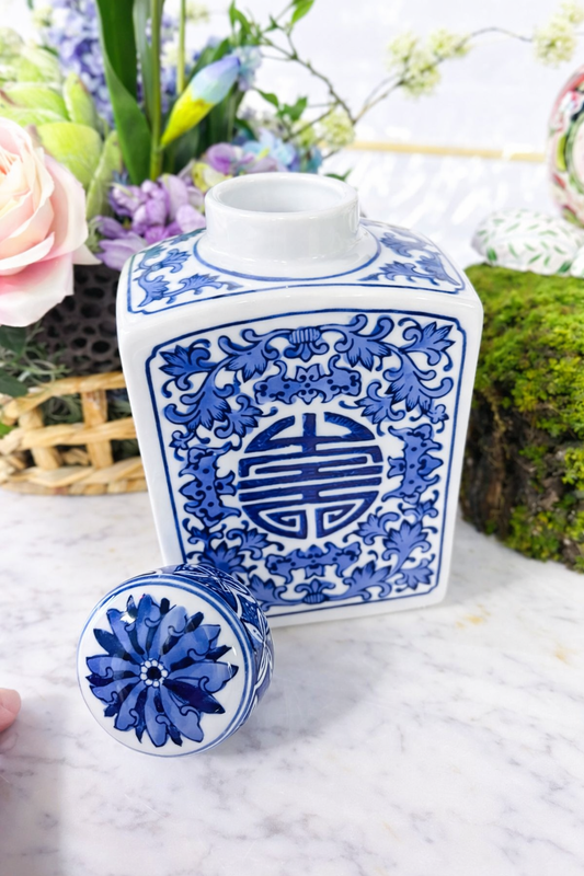 Blue and White Rectangular Lidded Jar