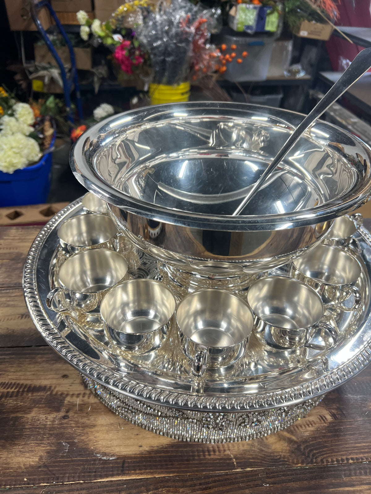 Vintage Silver-Plated Punch Bowl with 12 cups, Tray and Ladle (2)
