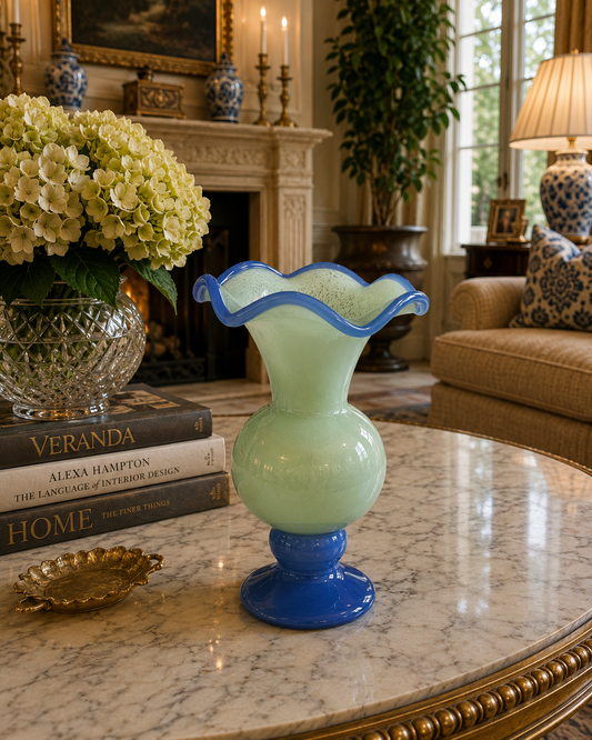 Mint Green and Blue Trim Glass Vase