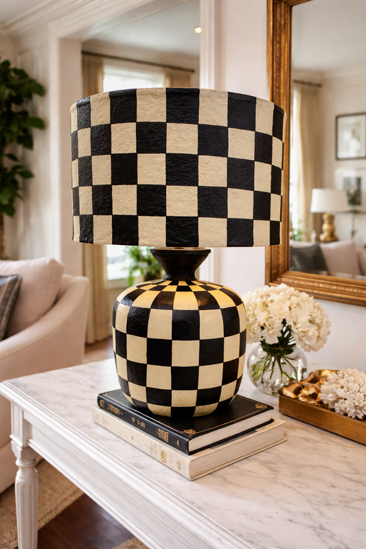 Black and white paper, papier-mâché, checkered lamp