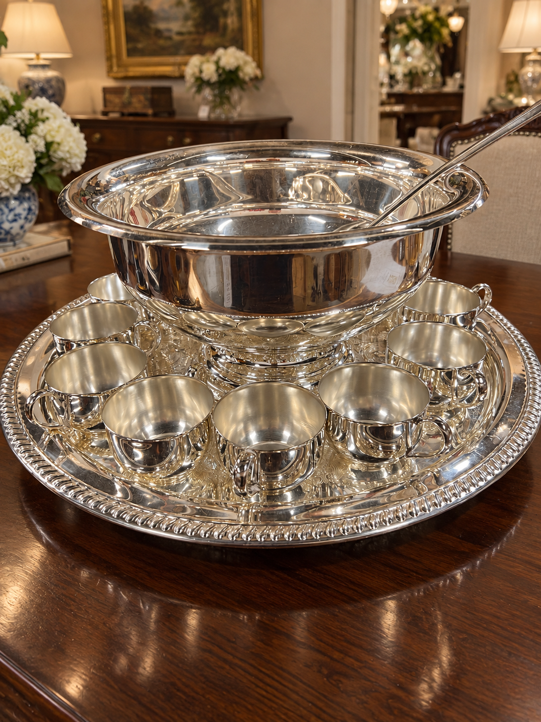 Vintage Silver-Plated Punch Bowl with 12 cups, Tray and Ladle (2)
