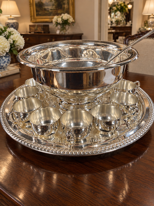 Vintage Silver-Plated Punch Bowl with 12 cups, Tray and Ladle (2)