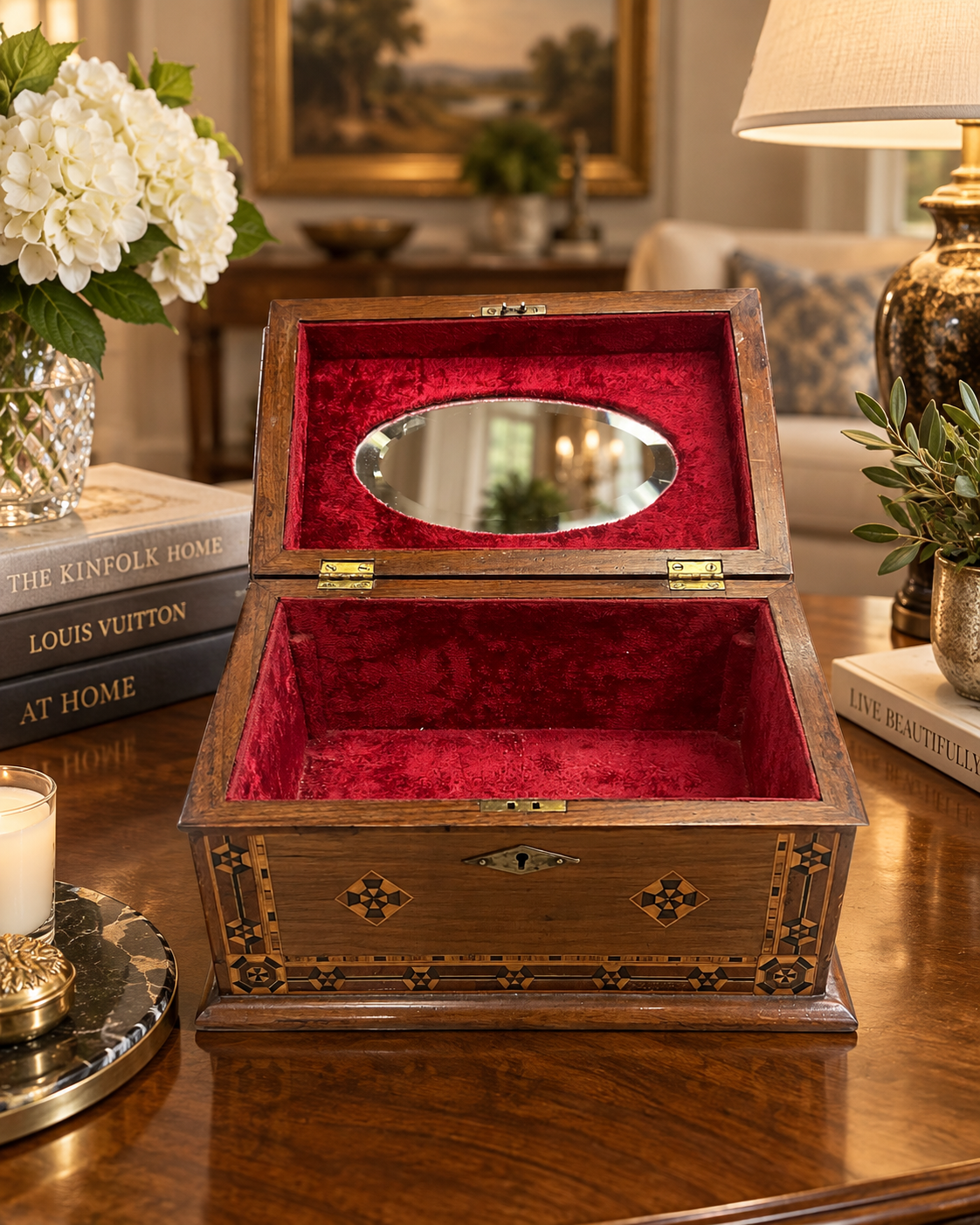Vintage Marquetry Inlaid Wooden Jewelry Box