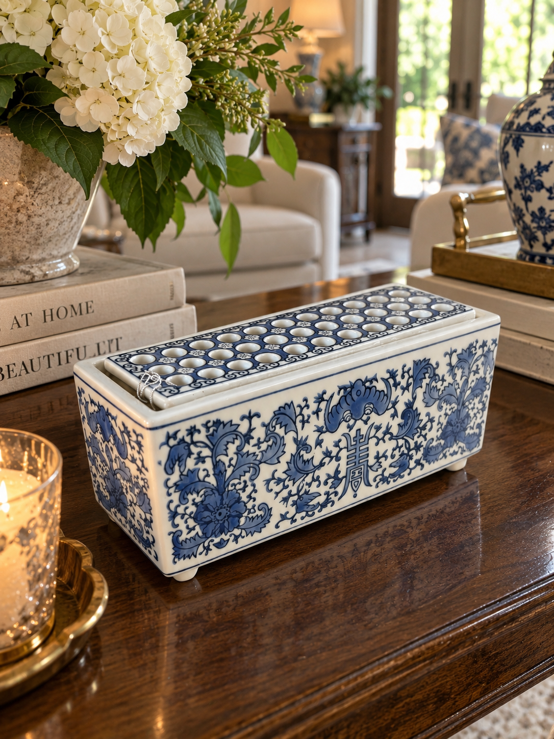 Blue and White Flower Arranger