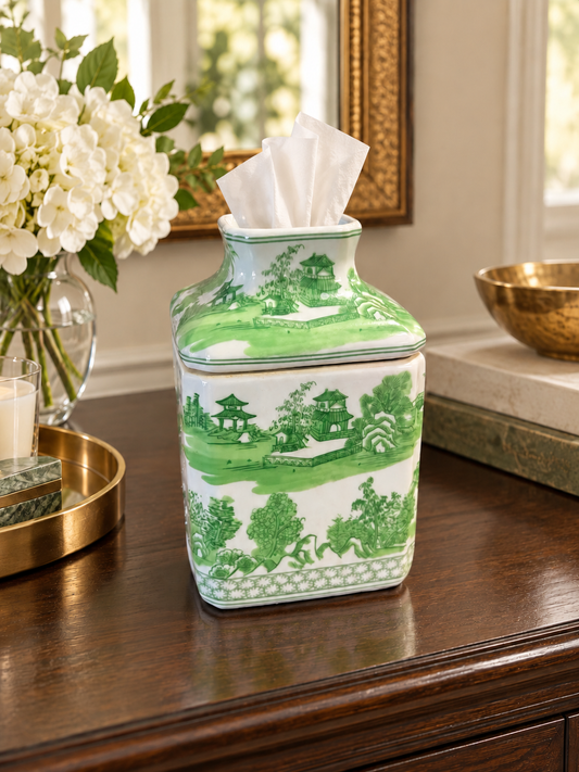 Green & White Porcelain Square Tissue Holder