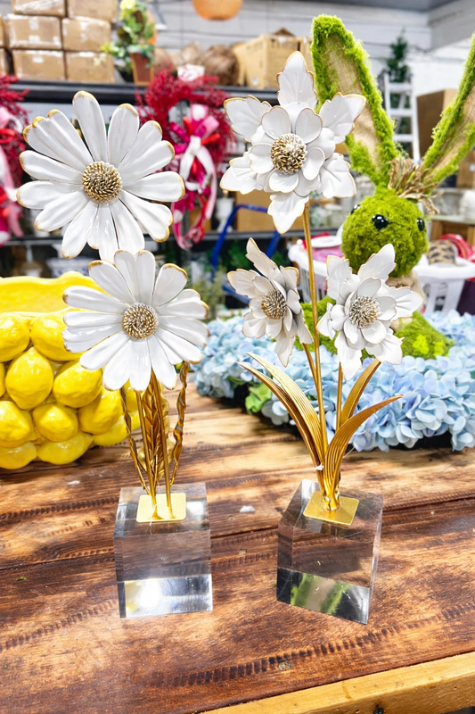 16 inch white and gold flowers set of 2 on acrylic blocks