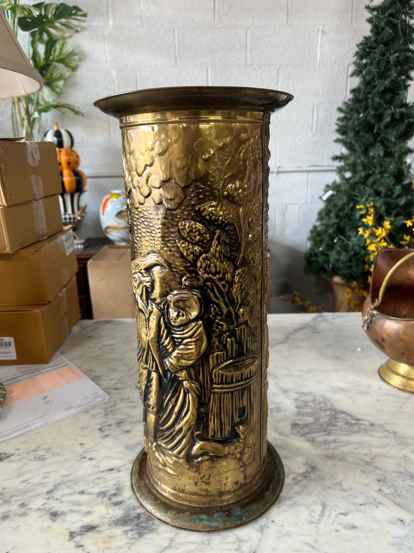 Vintage Brass Umbrella/Cane Embossed Tavern Scene Holder