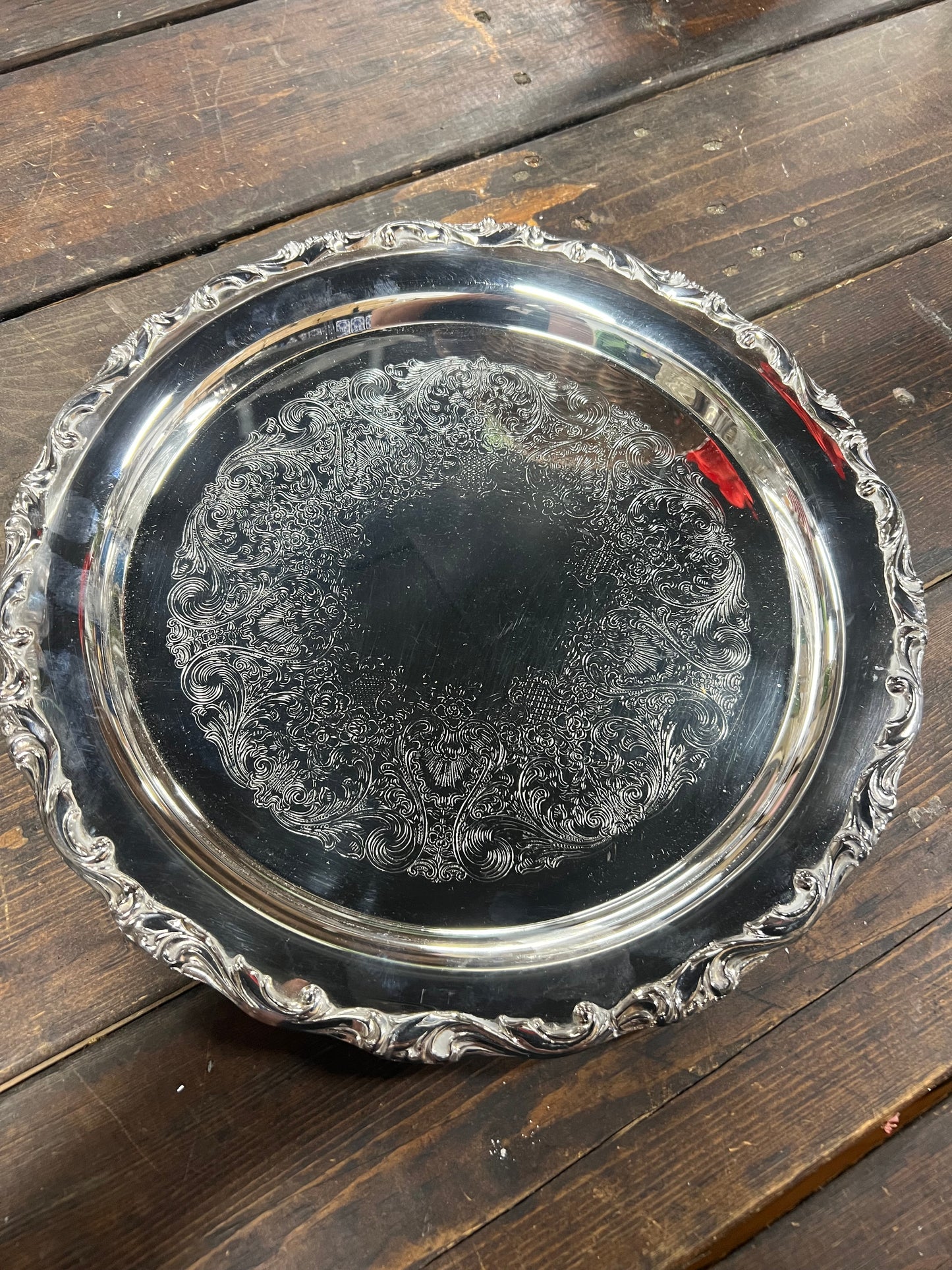 13” Vintage Silver-Plated Round Serving Tray