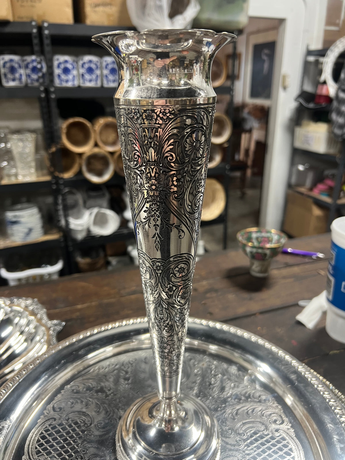 Beautiful Vintage embroidered silver plated trumpet vase