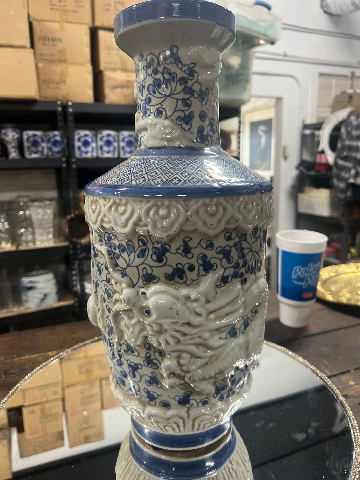 Vintage Authentic Embossed Blue and White Dragon Vase