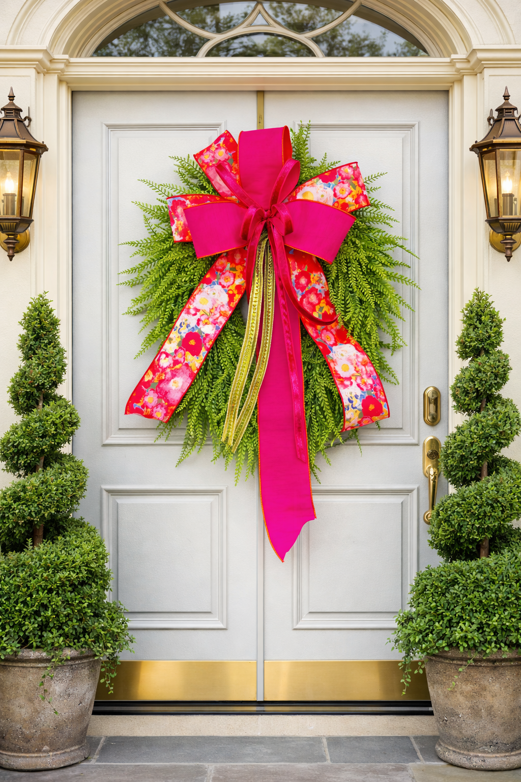 Hot Pink Floral Beaded Grass Wreath