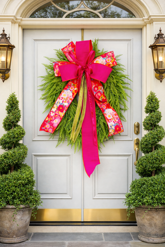 Hot Pink Floral Beaded Grass Wreath