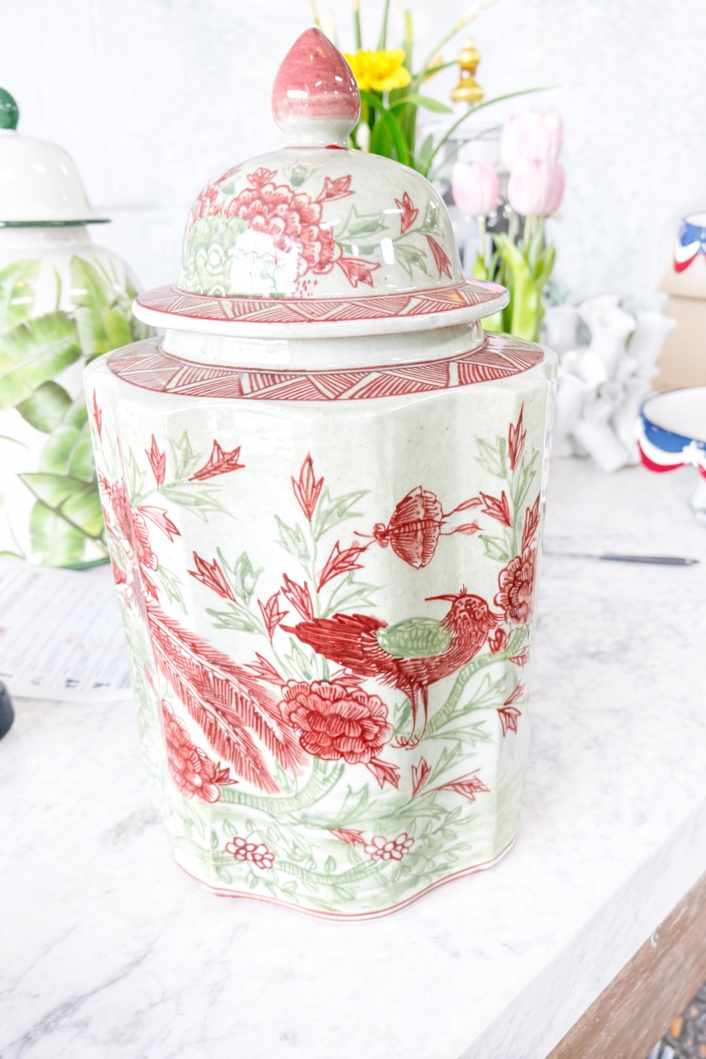 Pink and Green Porcelain Golden Pheasant Ribbed Lidded Jar