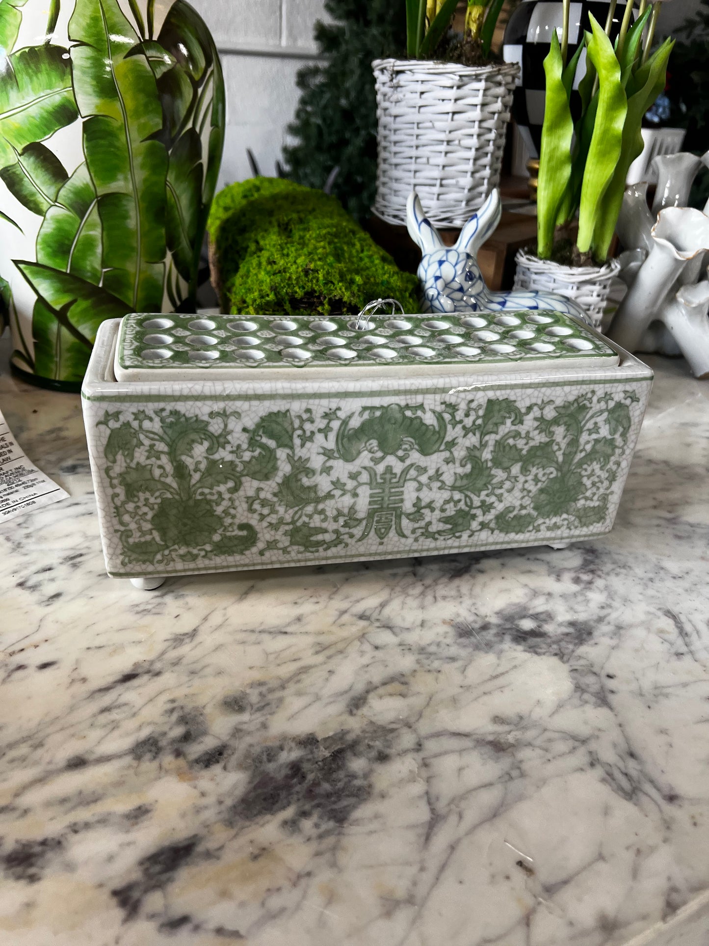 Green And White Chinoiserie Flower Arranger