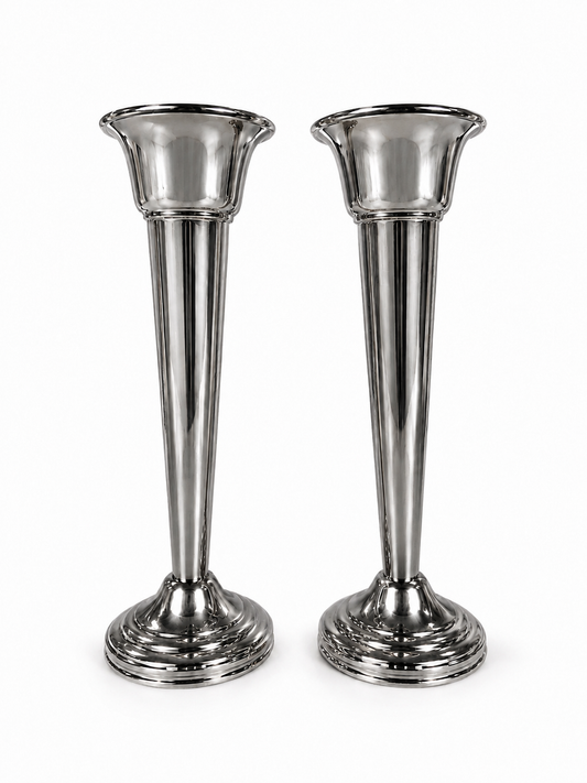 7 1/2” Set of 2 Vintage Silver-Plated Trumpet Vase