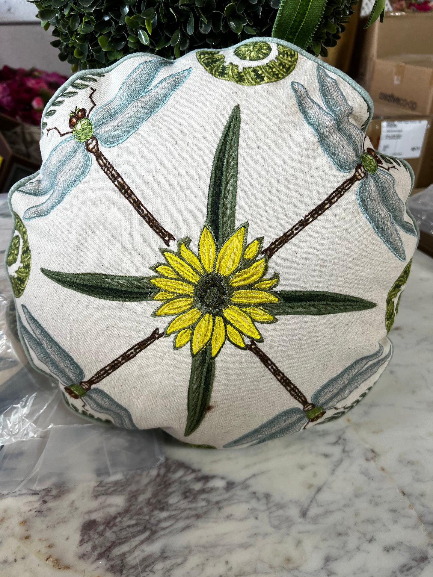 Round Cotton & Linen Pillow with Botanicals Embroidery & Piping,